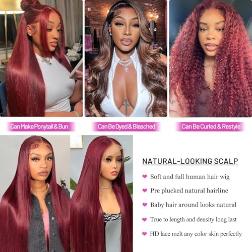 99j Burgundy Lace Front Wigs Human Hair 13x4 HD Lace Straight Red Wig Human Hair Colored Lace Frontal Wigs Human Hair 180% Density Burgundy Wig Human Hair Pre Plucked With Baby Hair 26 Inch - Image 4