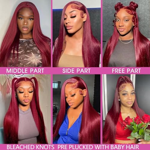 99j Burgundy Lace Front Wigs Human Hair 13x4 HD Lace Straight Red Wig Human Hair Colored Lace Frontal Wigs Human Hair 180% Density Burgundy Wig Human Hair Pre Plucked With Baby Hair 26 Inch - Image 6