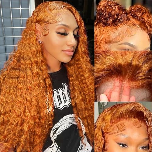 Ginger Wig Human Hair 13x4 deep wave Ginger Orange Lace Front Wigs Human Hair HD Transparent Lace Frontal 350 Colored Human Hair Wig Pre Plucked 180% Density 20inch - Image 3