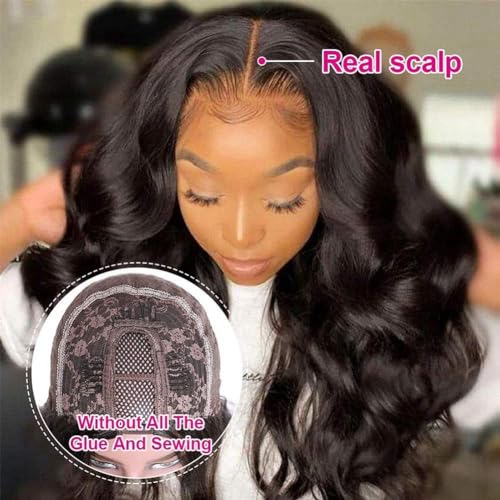 Wavy V Part Wig Wear And Go Glueless U Part Wig Body Wave Natural Black Synthtic Hair Soft As Human Hair Half Wigs For Black Women (Off Black, 26 Inch) - Image 2