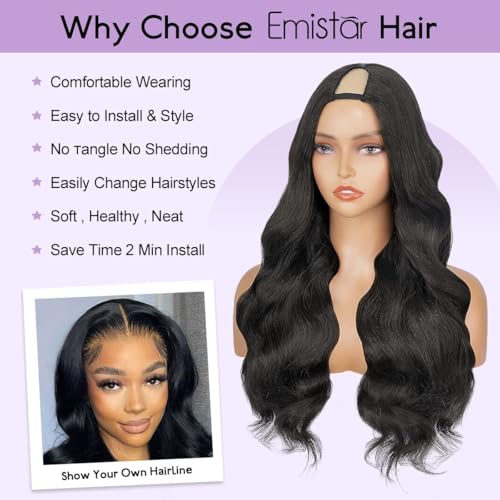 Wavy V Part Wig Wear And Go Glueless U Part Wig Body Wave Natural Black Synthtic Hair Soft As Human Hair Half Wigs For Black Women (Off Black, 26 Inch) - Image 3