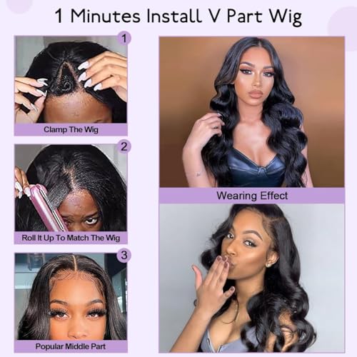 Wavy V Part Wig Wear And Go Glueless U Part Wig Body Wave Natural Black Synthtic Hair Soft As Human Hair Half Wigs For Black Women (Off Black, 26 Inch) - Image 5