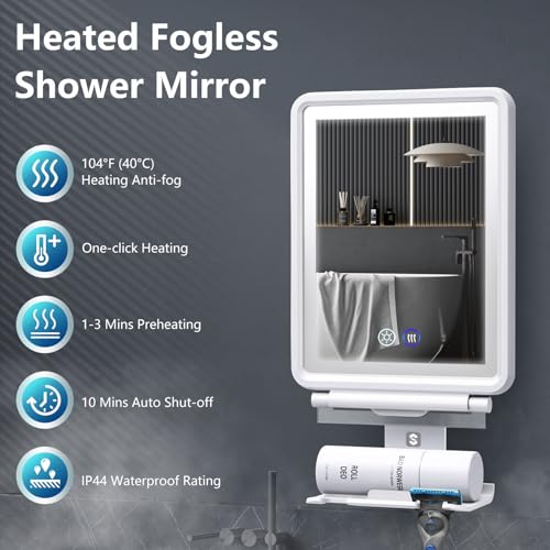 Heated Shower Mirror Fogless for Shaving, 3 Colors Stepless Dimmable Lights Fogless Mirror for Shower, Rechargeable Anti Fog Shaving Mirror with Razor Holder for Men, Light Memory Function, White - Image 2