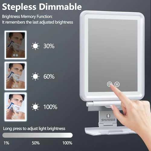 Heated Shower Mirror Fogless for Shaving, 3 Colors Stepless Dimmable Lights Fogless Mirror for Shower, Rechargeable Anti Fog Shaving Mirror with Razor Holder for Men, Light Memory Function, White - Image 4