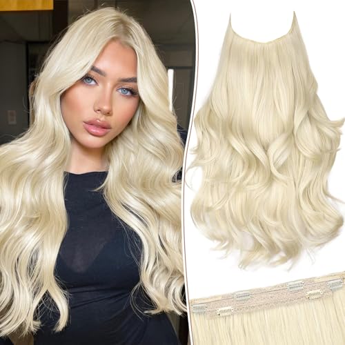 KooKaStyle Invisible Wire Hair Extensions Long Wavy Layered Synthetic Hair Extensions with Transparent Wire Adjustable Size 6 Secure Clips Platinum Blonde Hairpieces for Women 20 Inch