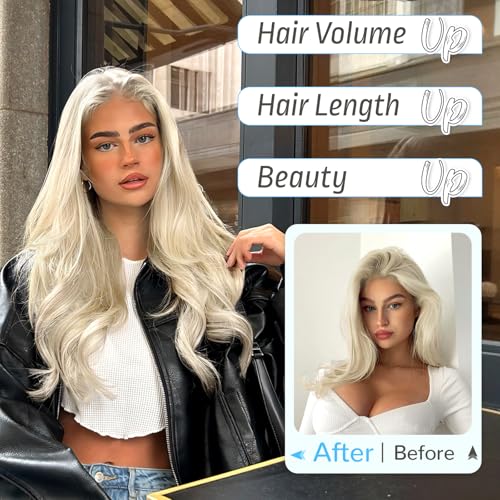 KooKaStyle Invisible Wire Hair Extensions Long Wavy Layered Synthetic Hair Extensions with Transparent Wire Adjustable Size 6 Secure Clips Platinum Blonde Hairpieces for Women 20 Inch - Image 3