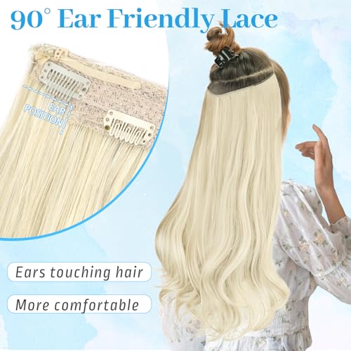 KooKaStyle Invisible Wire Hair Extensions Long Wavy Layered Synthetic Hair Extensions with Transparent Wire Adjustable Size 6 Secure Clips Platinum Blonde Hairpieces for Women 20 Inch - Image 4