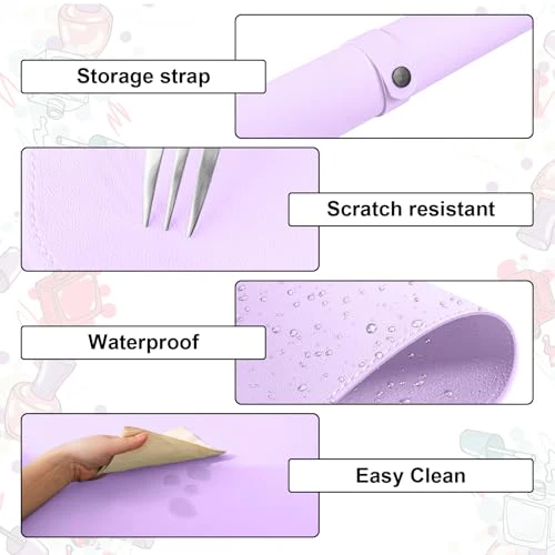 Nail Art Table Mat,Foldable Nail Arm Rest Pad for Nails,Soft Microfiber PU Leather Nail Mat for Table,Waterproof Manicure Pad,Nail Table Pad for Nail Technician Salon Home-Purple - Image 4