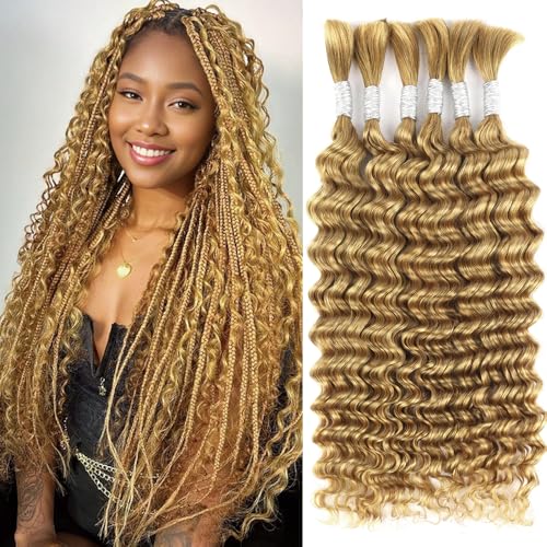 Blonde Human Braiding Hair for Boho Braids 22 Inch 6 Bundles Human Hair Braiding Hair Deep Wave Bulk Human Hair for Braiding No Weft Curly Human Hair Brading Hair Extensions 150g 27#