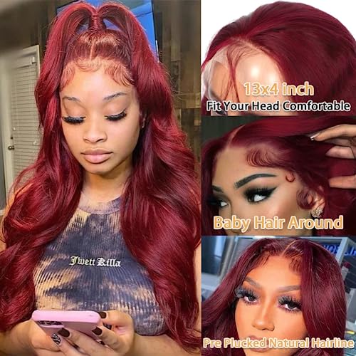 99j Burgundy Body Wave Lace Front Wigs Human Hair 180 Density 13x4 HD Transparent Lace Frontal Wigs Human Hair Glueless Wine Red Wigs Brazilian Virgin Human Hair Pre Plucked with Baby Hair - Image 2