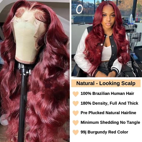 99j Burgundy Body Wave Lace Front Wigs Human Hair 180 Density 13x4 HD Transparent Lace Frontal Wigs Human Hair Glueless Wine Red Wigs Brazilian Virgin Human Hair Pre Plucked with Baby Hair - Image 3