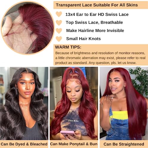 99j Burgundy Body Wave Lace Front Wigs Human Hair 180 Density 13x4 HD Transparent Lace Frontal Wigs Human Hair Glueless Wine Red Wigs Brazilian Virgin Human Hair Pre Plucked with Baby Hair - Image 4