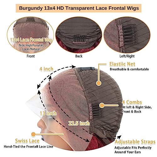 99j Burgundy Body Wave Lace Front Wigs Human Hair 180 Density 13x4 HD Transparent Lace Frontal Wigs Human Hair Glueless Wine Red Wigs Brazilian Virgin Human Hair Pre Plucked with Baby Hair - Image 5