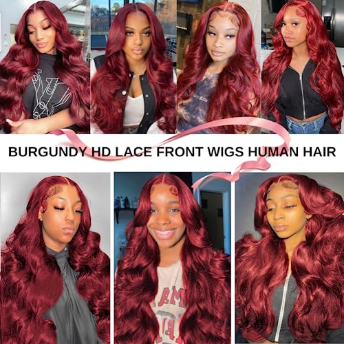 99j Burgundy Body Wave Lace Front Wigs Human Hair 180 Density 13x4 HD Transparent Lace Frontal Wigs Human Hair Glueless Wine Red Wigs Brazilian Virgin Human Hair Pre Plucked with Baby Hair - Image 6