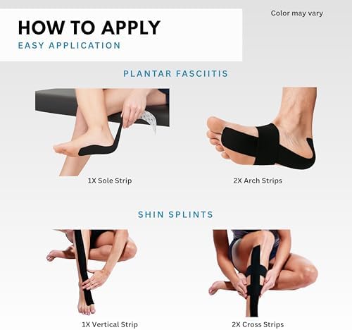 Plantar Fasciitis Tape, 20 Applications - Precut Kinesiology Tape Strips for Foot Soreness Relief - Also Great for Shin Splints - Includes 20 2x10" Strips & 40 2x5" Strips (Black, 20 Count) - Image 7
