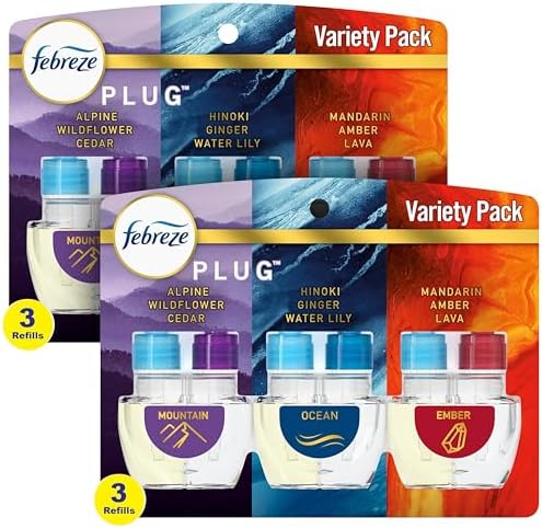 Febreze Odor-Fighting Fade Defy PLUG Air Freshener, Mountain, Ocean, Amber, 3 Ct, 0.87 fl oz Each Pack of 2
