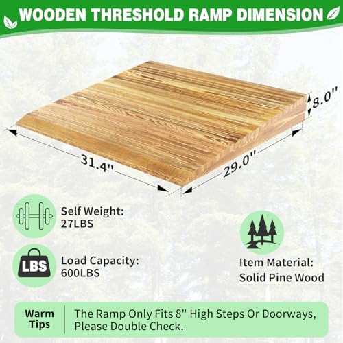 Wooden Threshold Ramp for Home Steps, 8" Rise Doorway Ramp with Non-Slip Grooves, Door Ramp for Wheelchair/Walker/Cart/Scooter, (31.4 W*8.0" H, Solid Pine Wood, 600LBS Capacity) - Image 2