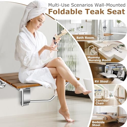 Folding Shower Seat Wall Mounted 20" with Stainless Steel Bracket, Structural Stability, 500 lb Capacity, Space-Saving, Teak Shower Bench for The Elderly, Disabled, Pregnant Individuals, Children - Image 2