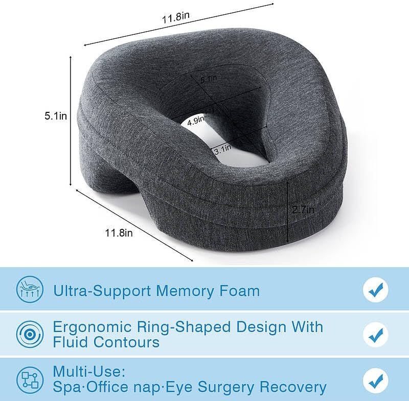 Face Down Pillow for Bed, Massage Headrest Face Pillow After Eye Surgery, Memory Post-Eye Recovery or Beach Tanning, Prone Sleepers with Breathable Desig (Dark Gray) - Image 4