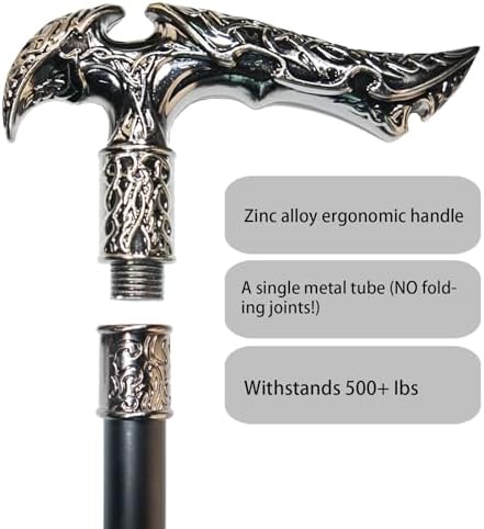 Walking Cane for Men & Women & Seniors - 36.5 Inch Heavy Duty 500+ lbs Capacity, Ergonomic Handle, Ornate & Decorative, Elegant Matte Black & Silver Metal Cane with Goth & Gothic Aesthetic - Image 3