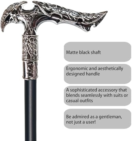 Walking Cane for Men & Women & Seniors - 36.5 Inch Heavy Duty 500+ lbs Capacity, Ergonomic Handle, Ornate & Decorative, Elegant Matte Black & Silver Metal Cane with Goth & Gothic Aesthetic - Image 7
