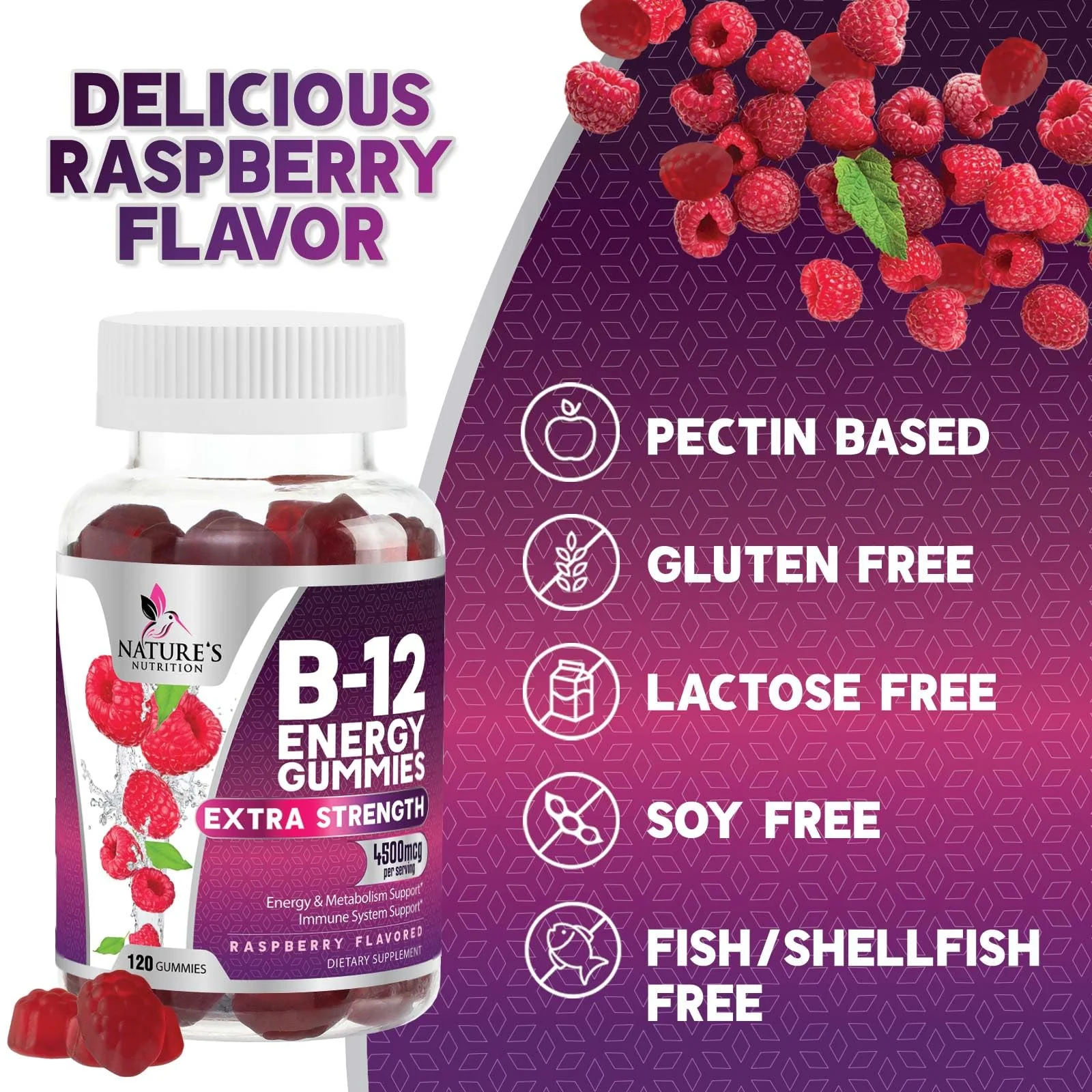 B12 Energy Gummies - 4500 mcg Per Serving Extra Strength Vitamin B12 Chewables - Dietary Supplement for Energy Metabolism & Immune Support - For Women, Men, & Kids - Natural, Berry Flavor - 120 Count - Image 5