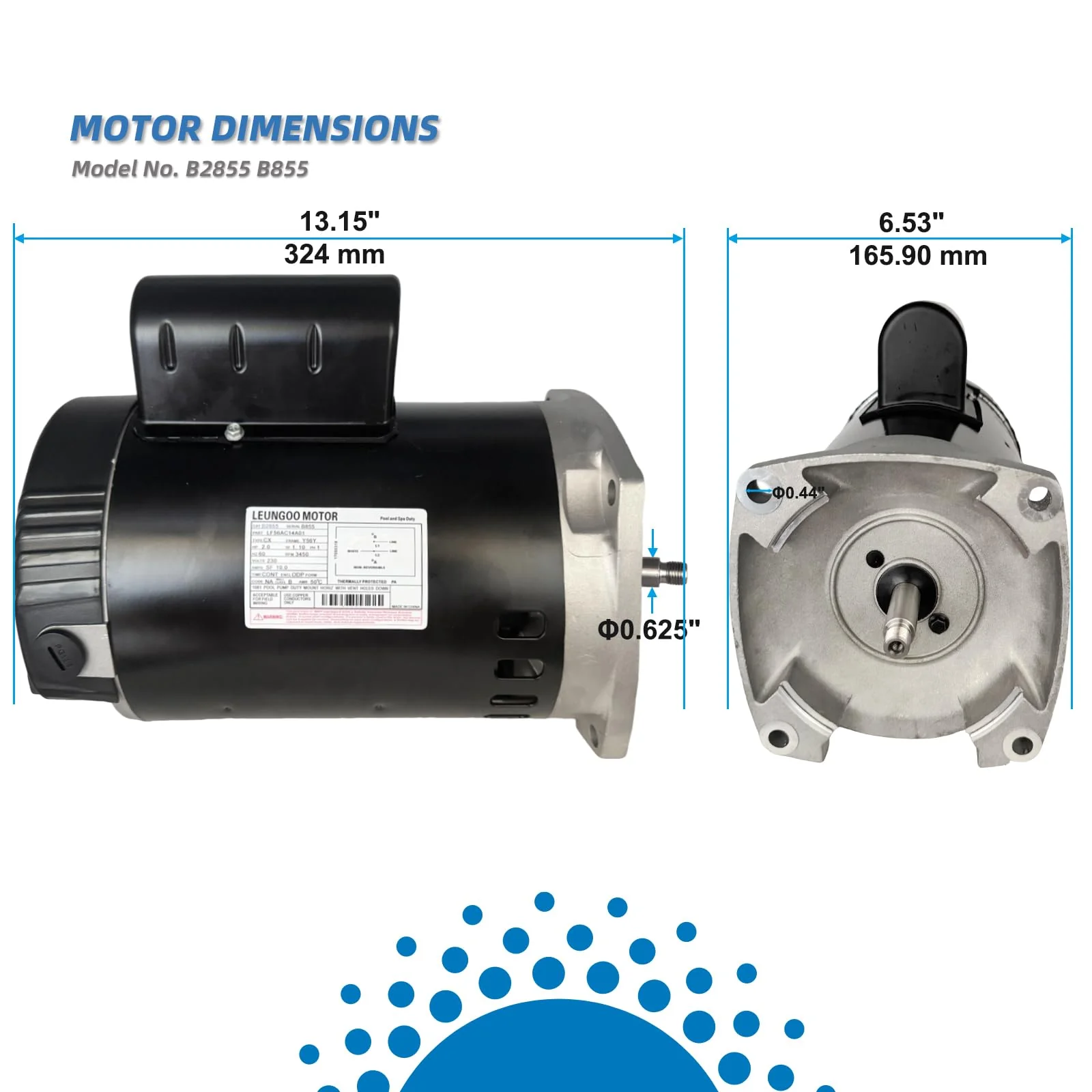 B2855 2HP Pool Pump Motor Replaces Century/AO Smith Regal Beloit B855 Swimming Pool Pump Motors, 230V, 10A, 3450RPM 1.5KW 56Y Frame 1.1 SF Include Replace Parts, Single Phase Square Flange Leungoo - Image 3