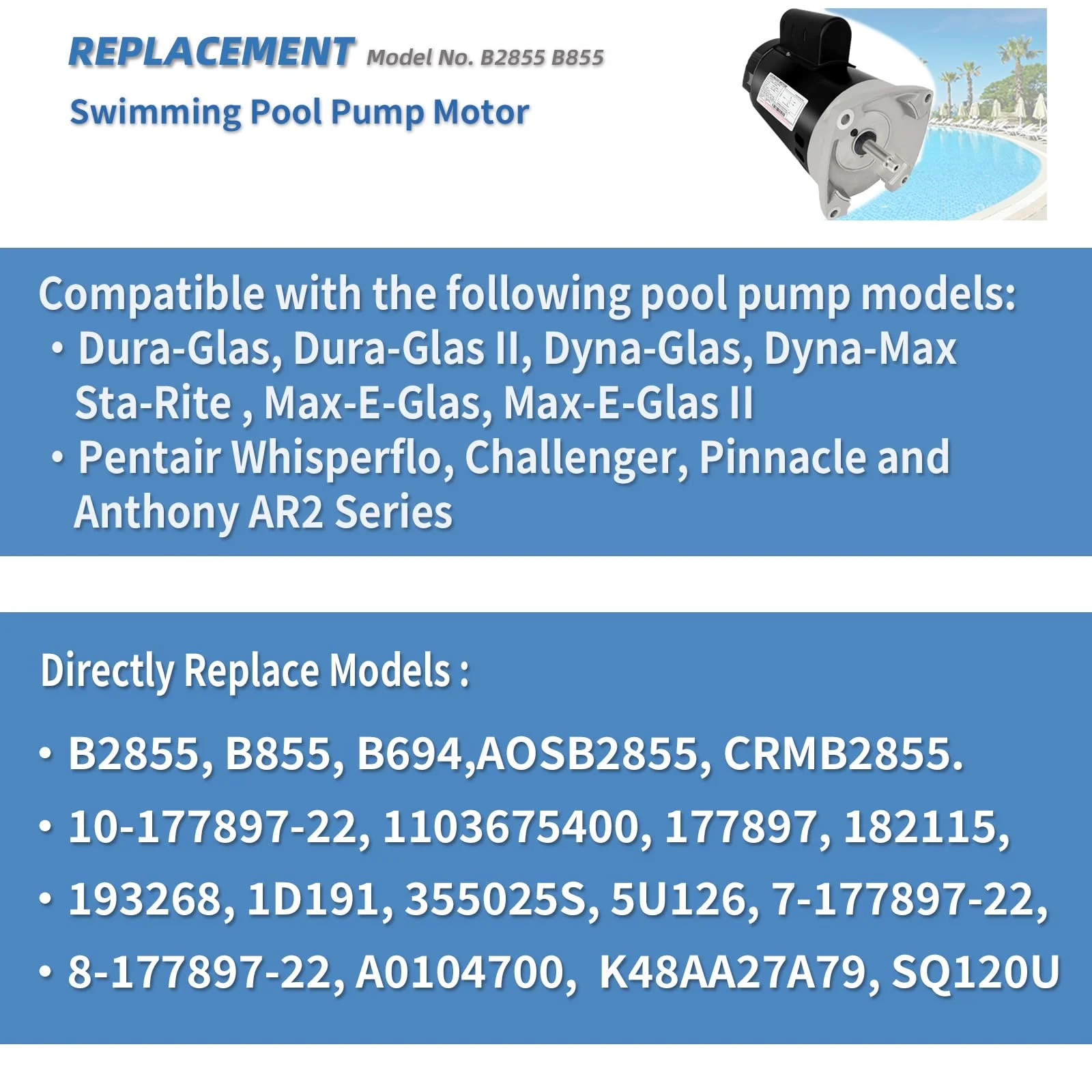 B2855 2HP Pool Pump Motor Replaces Century/AO Smith Regal Beloit B855 Swimming Pool Pump Motors, 230V, 10A, 3450RPM 1.5KW 56Y Frame 1.1 SF Include Replace Parts, Single Phase Square Flange Leungoo - Image 5