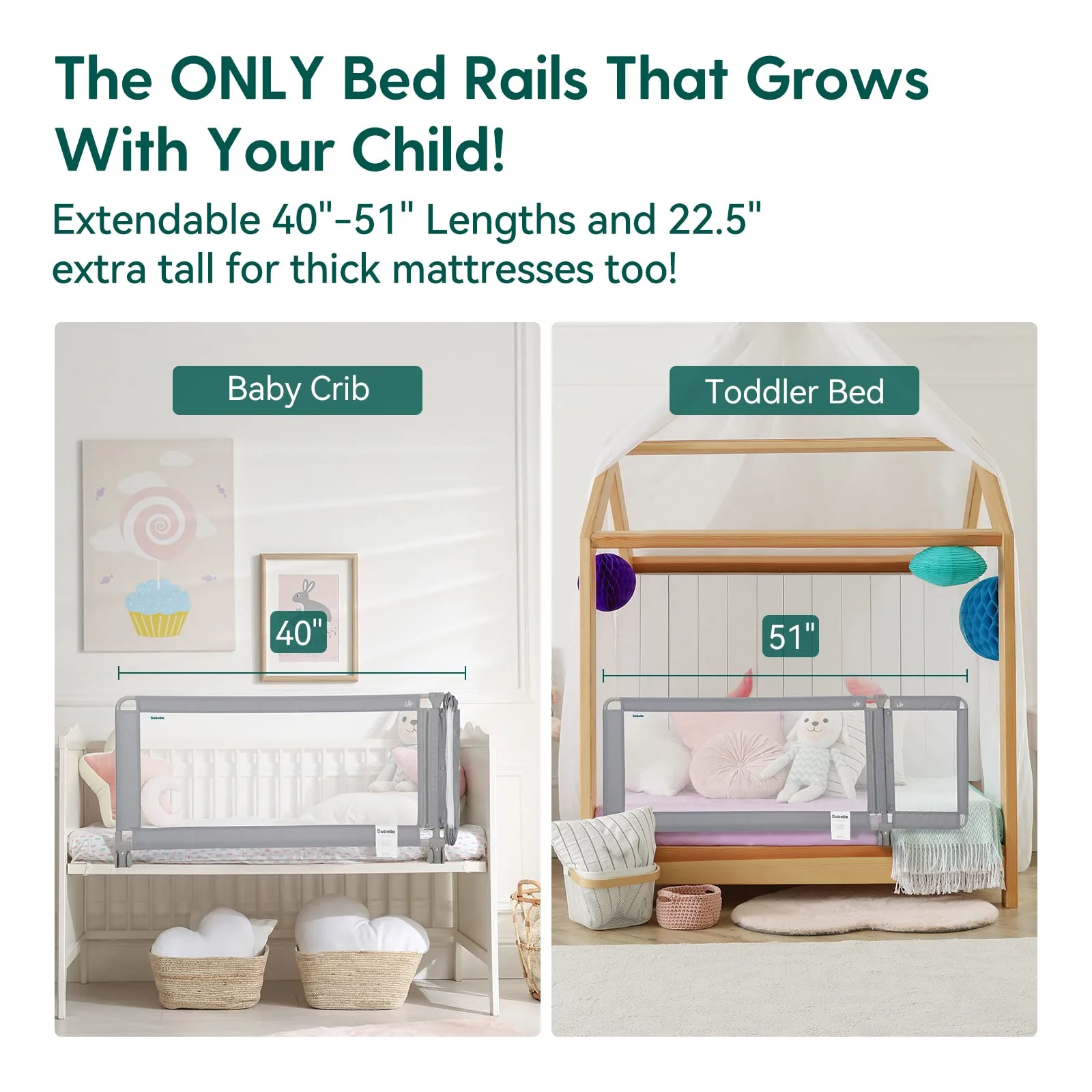 BABELIO Toddler Bed Rails, Guardian 39"-51" Extendable Guard for Toddlers, Kids & Elderly Adults, 22.5" Tall Baby Side Rails Crib Twin/Queen/Full/King Size, CPSIA Certified (Gray) - Image 3