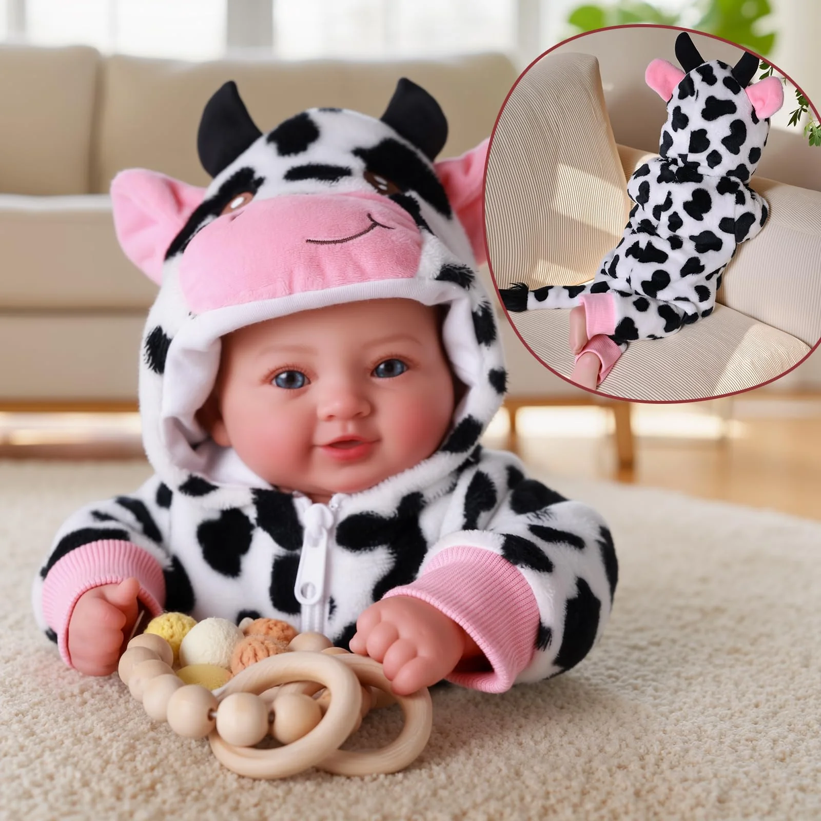 BABESIDE Baby Doll Girl - 17-Inch Soft Body Realistic Baby Doll with Blue Eyes and Cow Outfit Real Life Baby Dolls for 3 4 5 6 7 8 9 Years Girl Birthday Gifts, Pretend Play, Christmas & Collection - Image 2