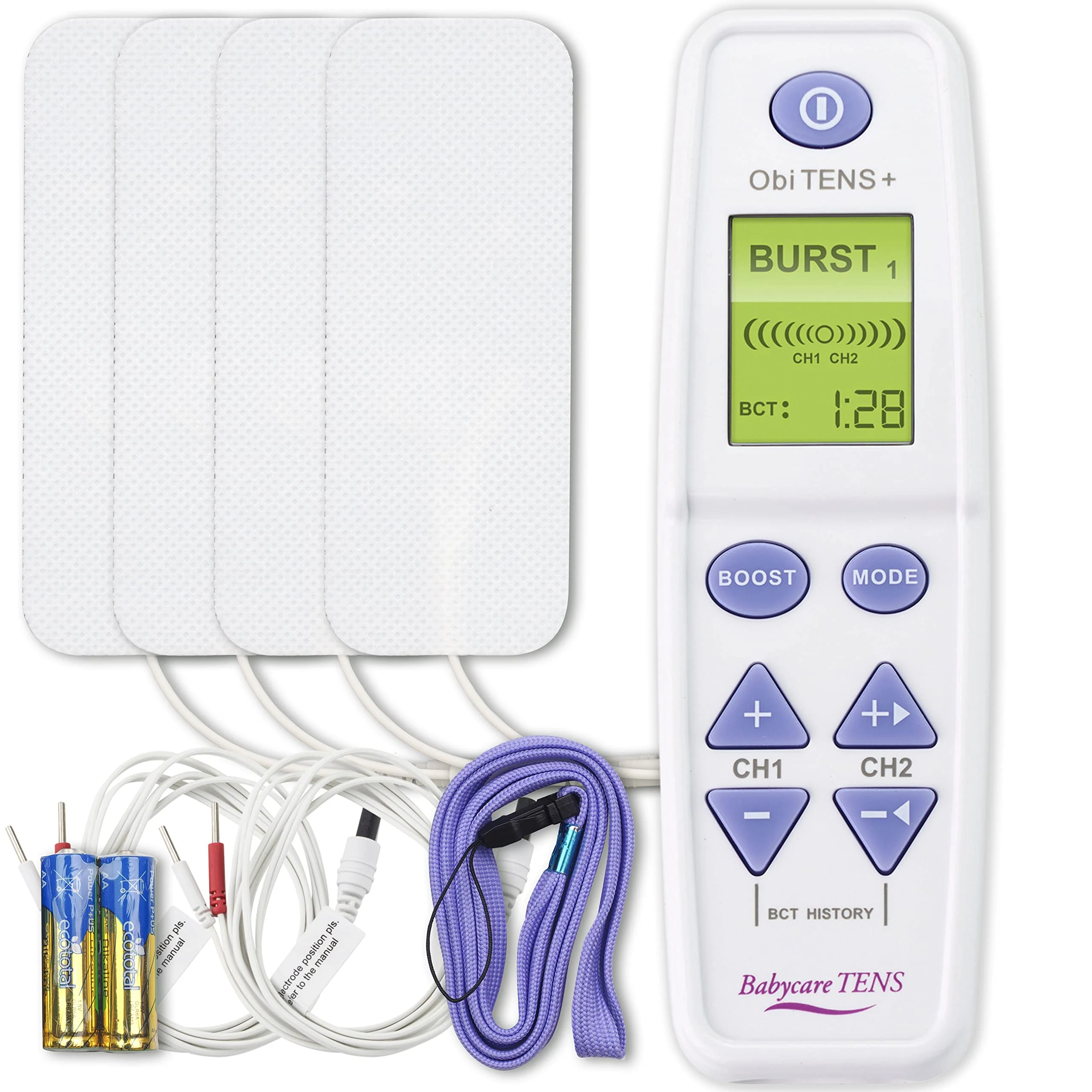 Babycare TENS OBI TENS Plus, Maternity TENS Machine for Pain Relief During Labour & Childbirth | 2 Programmes | Integrated Boost Button | Contraction Timer | 4 Large Pads