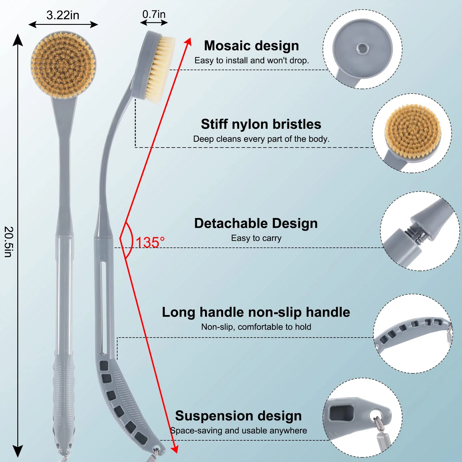 Back Brush Long Handle for Shower, 20.5” Back Bath Brush for Shower, Back Scrubber, Exfoliation and Improved Skin Health for Elderly with Limited Arm Movement, Disabled, Pregnant Women - Image 3