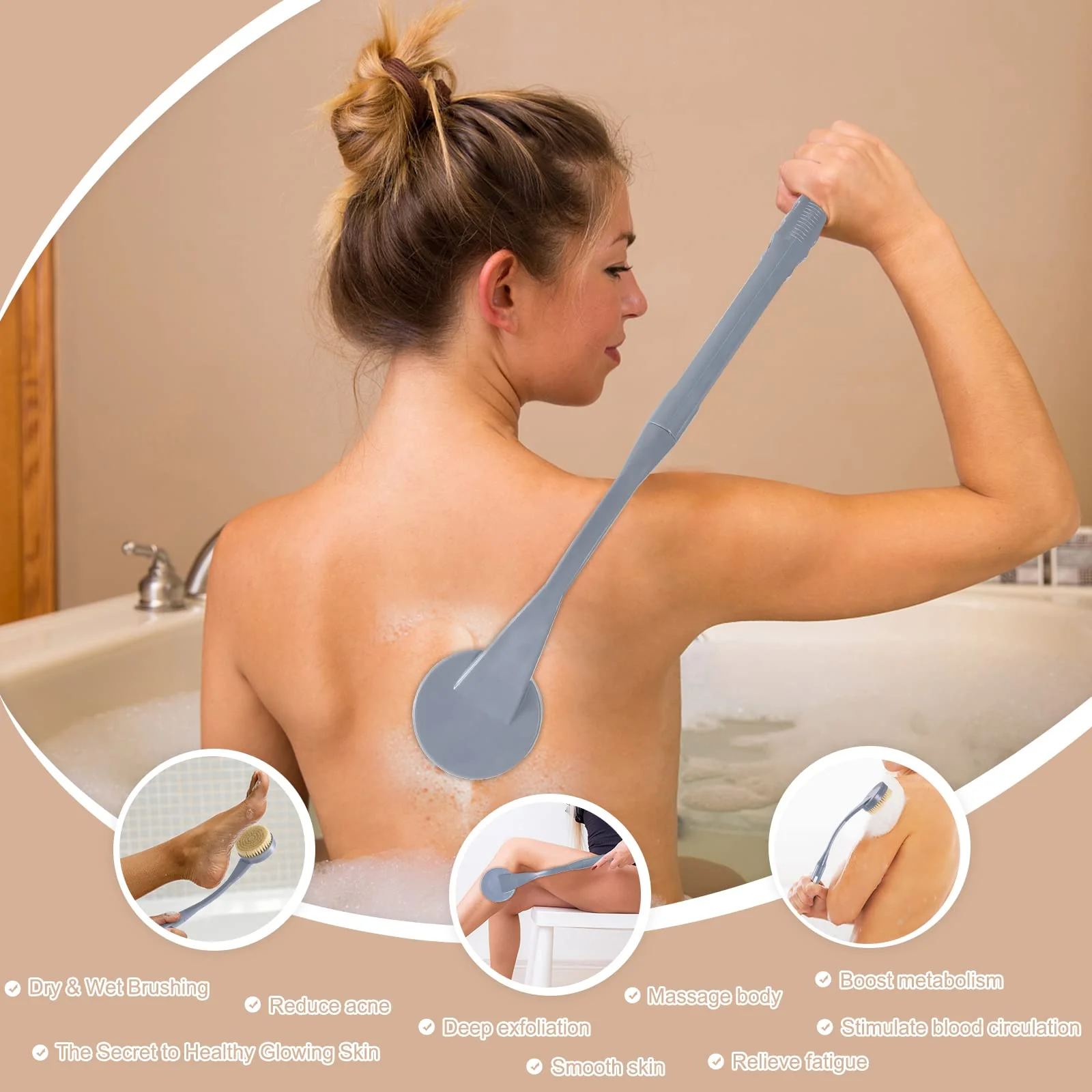 Back Brush Long Handle for Shower, 20.5” Back Bath Brush for Shower, Back Scrubber, Exfoliation and Improved Skin Health for Elderly with Limited Arm Movement, Disabled, Pregnant Women - Image 4