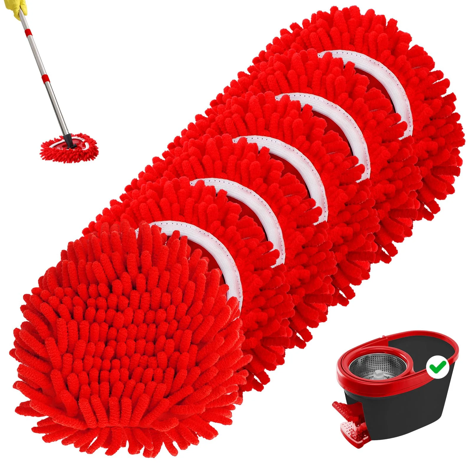 Baderke 6 Pack Chenille Mop Heads Replacements Compatible with 1 Tank System Chenille Duster Replacement Heads Microfiber Spin Mop Refill Pads Reusable Dust Refills for Floor Cleaning (Red)