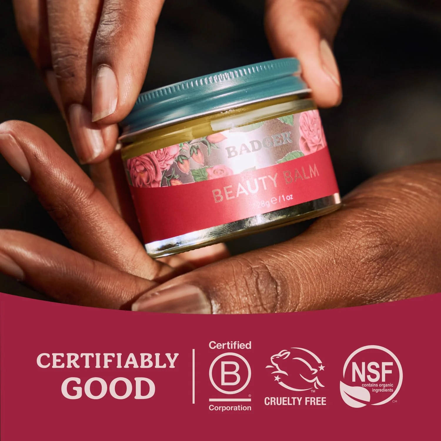 Badger Rose Beauty Balm, 100% Organic Nourishing Treatment For Face, Neck & Hands w/Pure Rose Essential Oil, Intensive Long Lasting Face Moisturizer for Women & Men, 1 oz Glass Jar - Image 2
