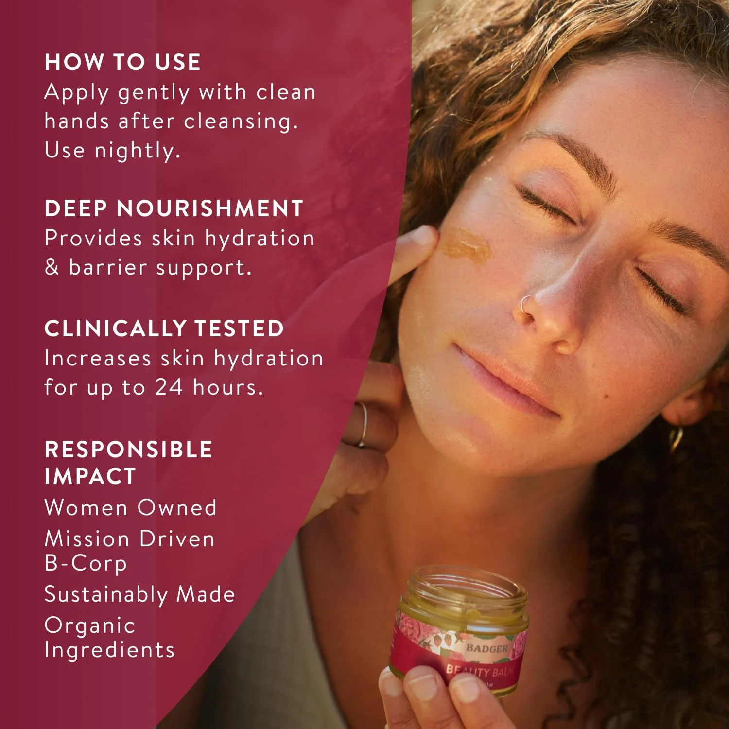 Badger Rose Beauty Balm, 100% Organic Nourishing Treatment For Face, Neck & Hands w/Pure Rose Essential Oil, Intensive Long Lasting Face Moisturizer for Women & Men, 1 oz Glass Jar - Image 5