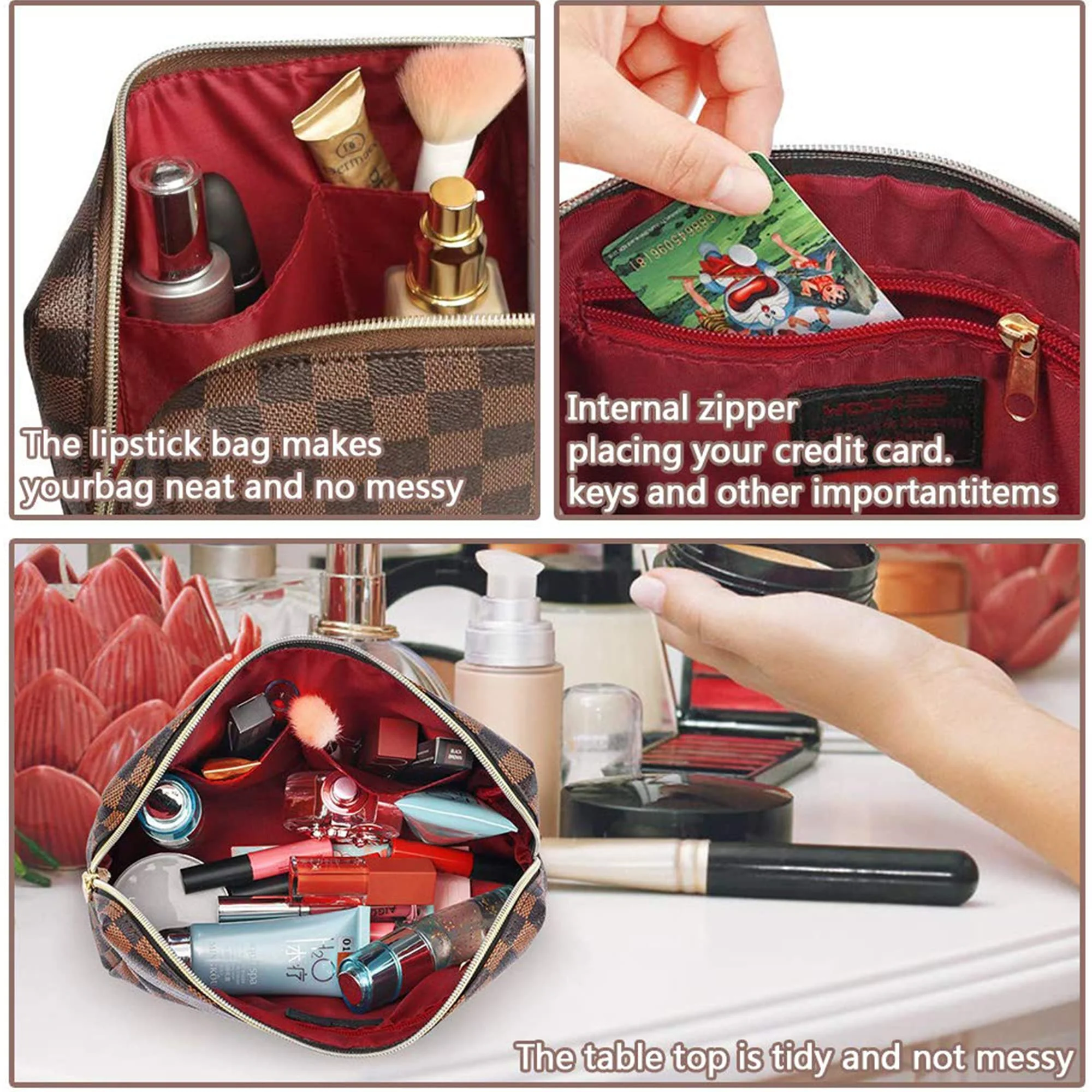BAGCRAZY Makeup Bag, Cosmetic Bag, Portable Leather Large Checkered Makeup Bag, 2 Pack Large Capacity Travel Cosmetic Bag for Women, Lightweight Design and Waterproof Toiletries Bag Christmas Gifts - Image 4