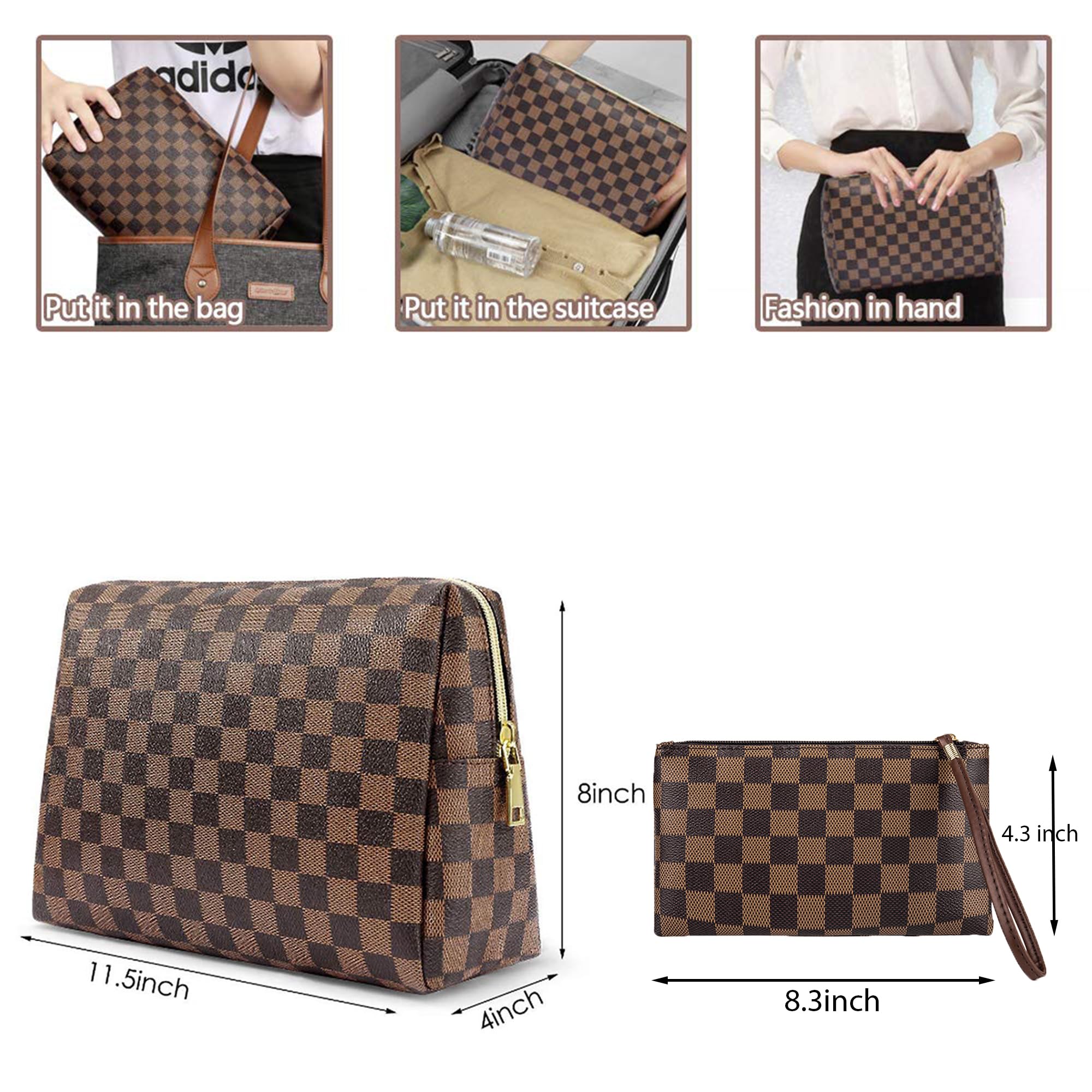BAGCRAZY Makeup Bag, Cosmetic Bag, Portable Leather Large Checkered Makeup Bag, 2 Pack Large Capacity Travel Cosmetic Bag for Women, Lightweight Design and Waterproof Toiletries Bag Christmas Gifts - Image 5