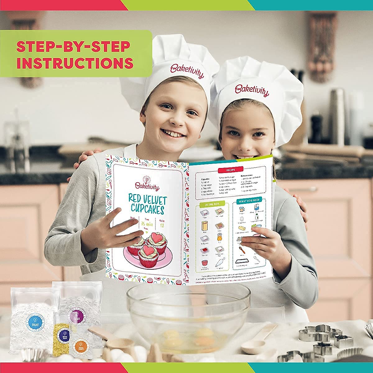 Baketivity Kids Baking Set, Meal Cooking Party Supply Kit for Teens, Real Fun Little Junior Chef Essential Kitchen Lessons, Includes Pre-Measured Ingredients (Baketivity Kit, Red Velvet) - Image 4