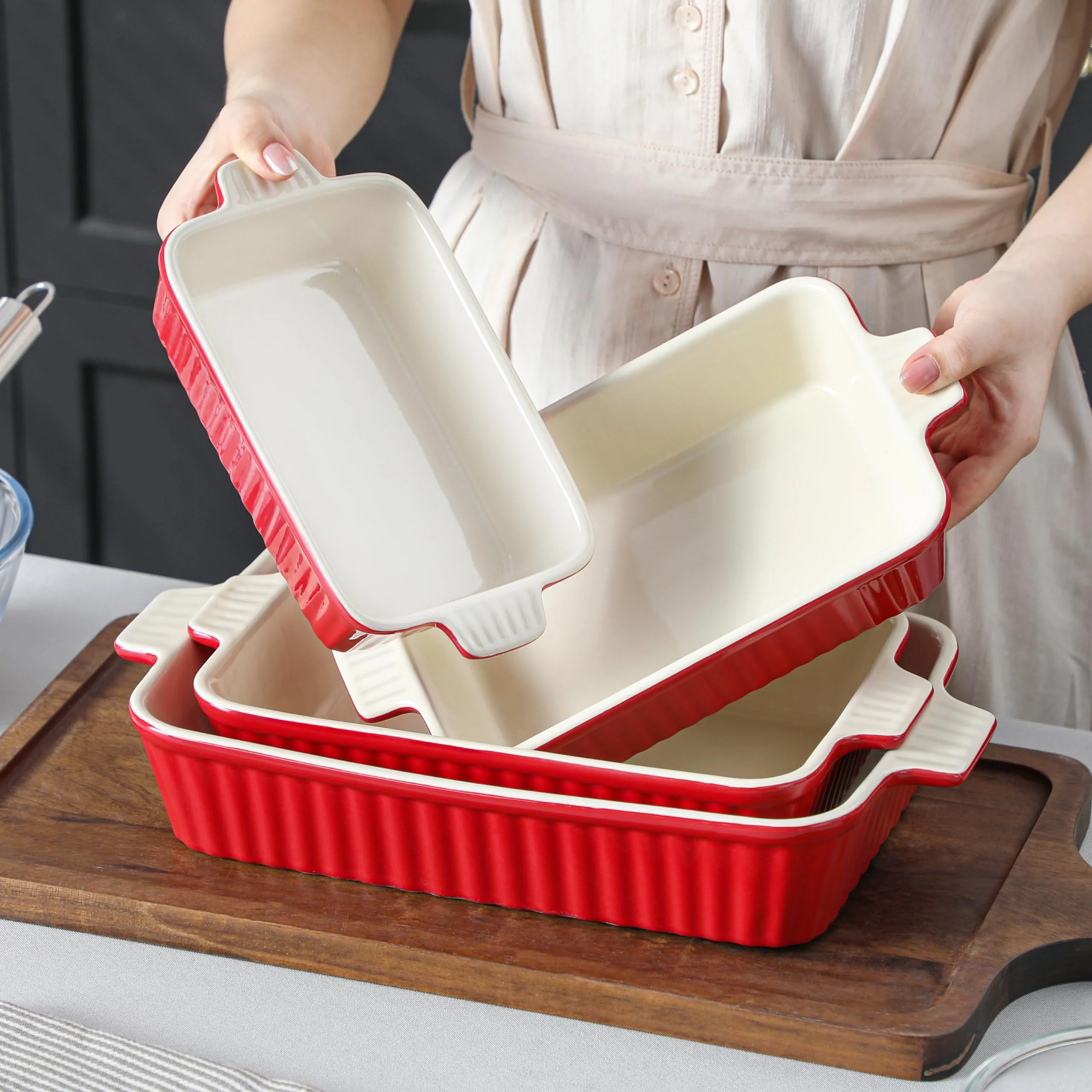 Bakeware Set of 4, MALACASA Porcelain Baking Pans Set for Oven, Casserole Dish, Ceramic Rectangular Baking Dish Lasagna Pans for Cooking Cake Pie Dinner Kitchen, Red (9.5"/11.25"/12.75"/14.5") - Image 3