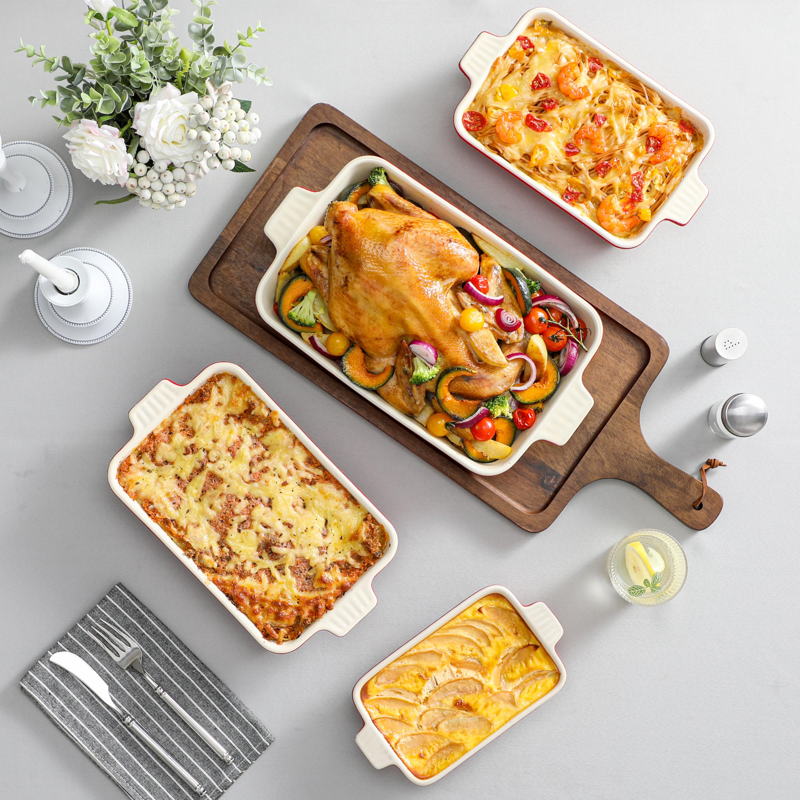 Bakeware Set of 4, MALACASA Porcelain Baking Pans Set for Oven, Casserole Dish, Ceramic Rectangular Baking Dish Lasagna Pans for Cooking Cake Pie Dinner Kitchen, Red (9.5"/11.25"/12.75"/14.5") - Image 4