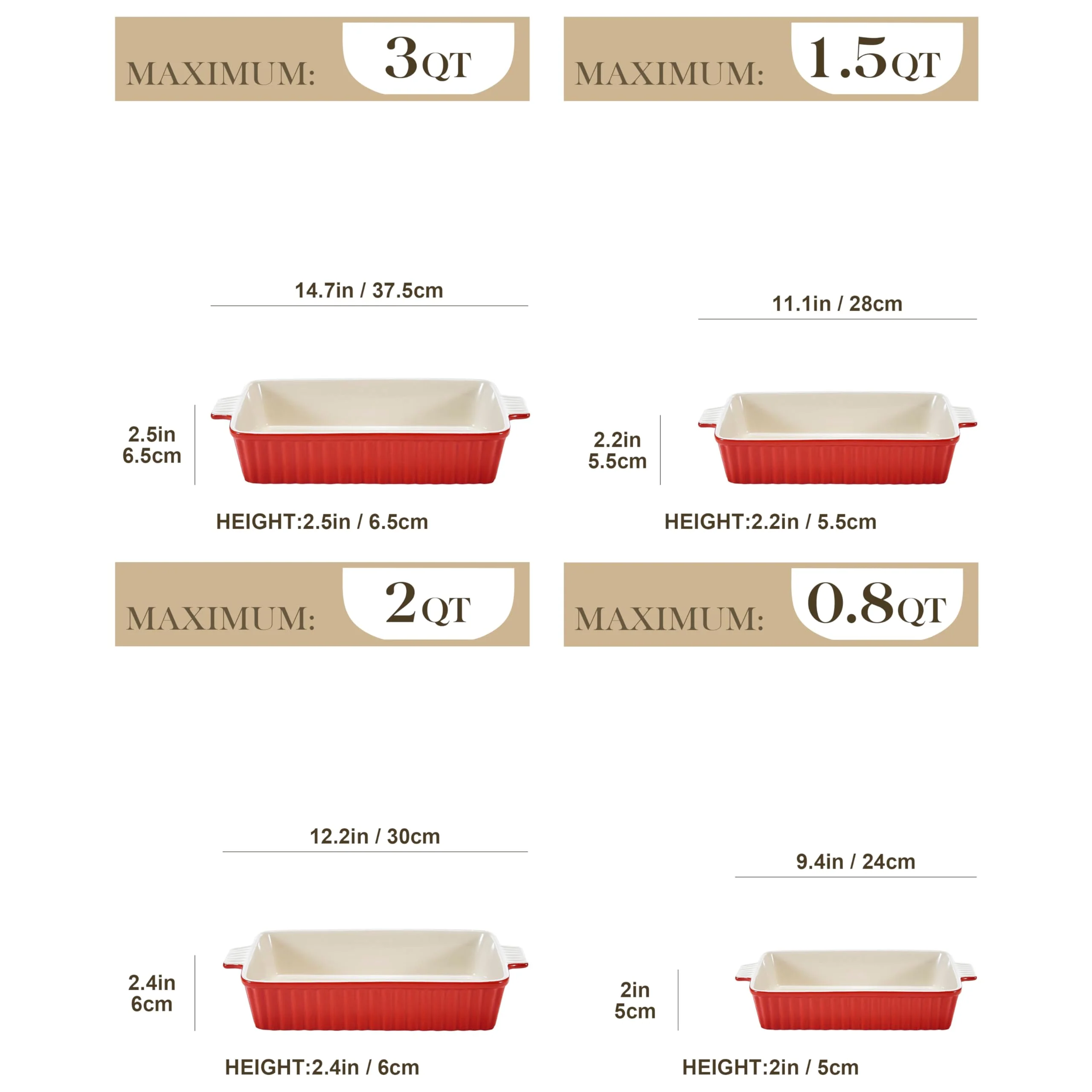 Bakeware Set of 4, MALACASA Porcelain Baking Pans Set for Oven, Casserole Dish, Ceramic Rectangular Baking Dish Lasagna Pans for Cooking Cake Pie Dinner Kitchen, Red (9.5"/11.25"/12.75"/14.5") - Image 7
