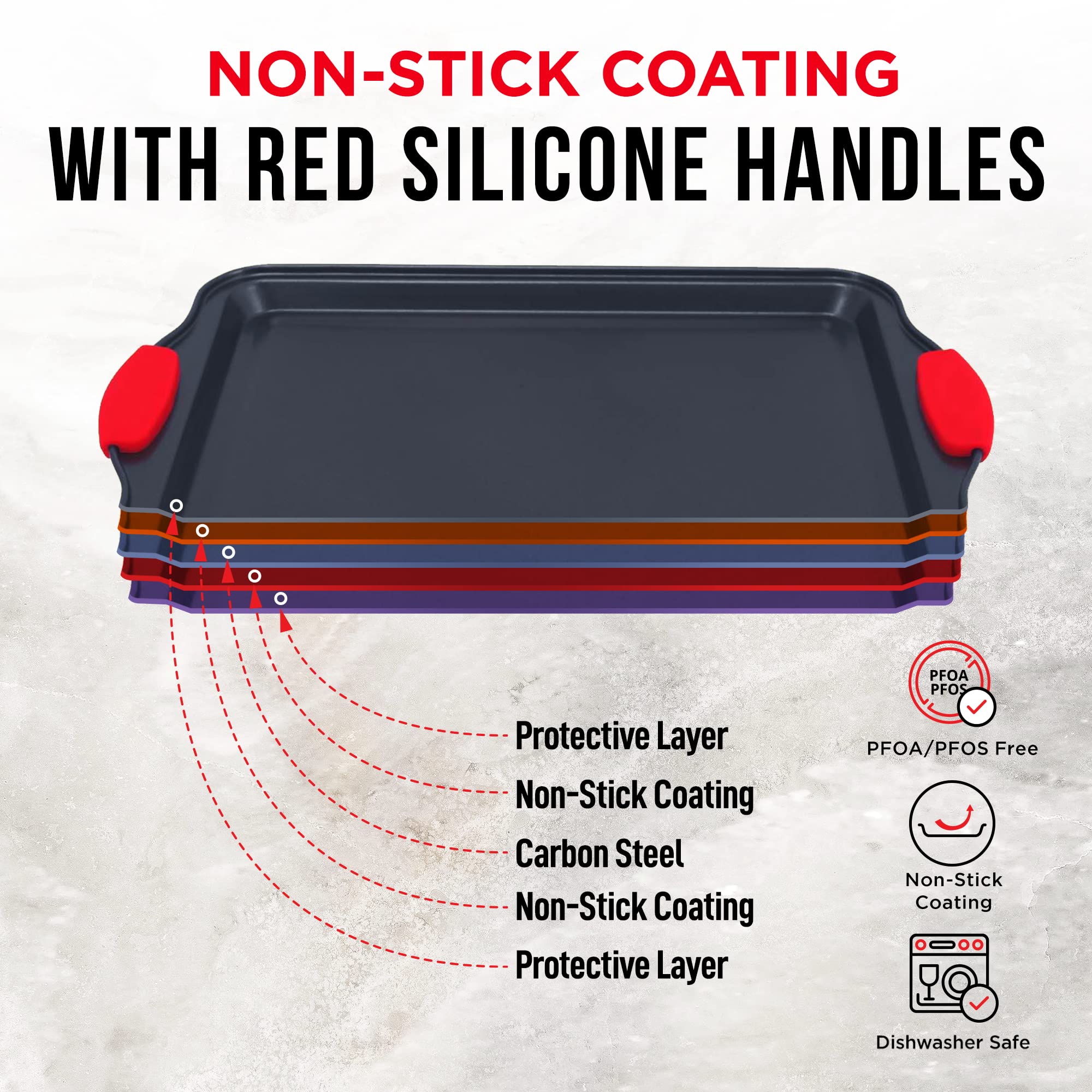 Baking Pan Set – 3 Piece Cookie Sheet – Deluxe Black Non-Stick Carbon Steel – Silicone Handles – Commercial Grade Restaurant Quality – PFOA PFOS and PTFE Free by Bakken - Image 5