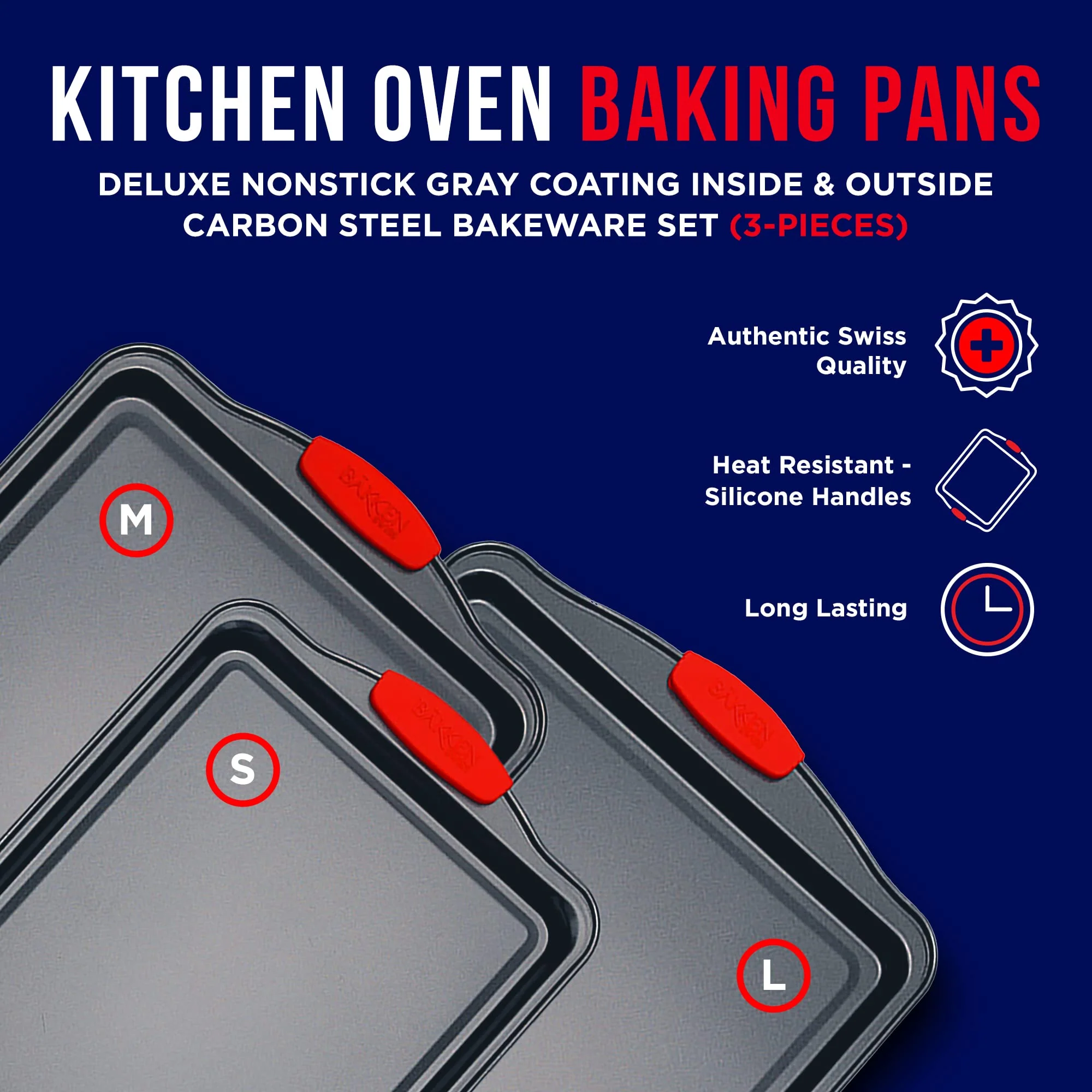 Baking Pan Set – 3 Piece Cookie Sheet – Deluxe Black Non-Stick Carbon Steel – Silicone Handles – Commercial Grade Restaurant Quality – PFOA PFOS and PTFE Free by Bakken - Image 7