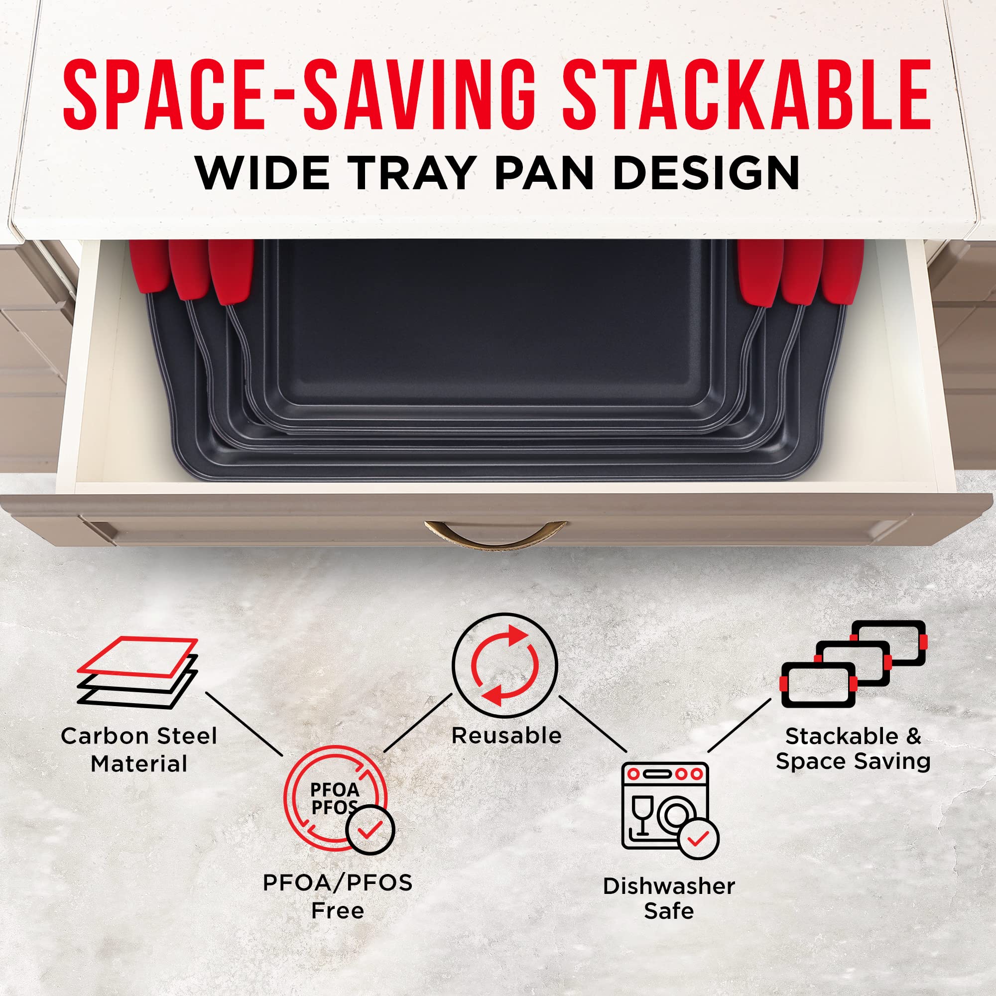 Baking Pan Set – 3 Piece Cookie Sheet – Deluxe Black Non-Stick Carbon Steel – Silicone Handles – Commercial Grade Restaurant Quality – PFOA PFOS and PTFE Free by Bakken - Image 8