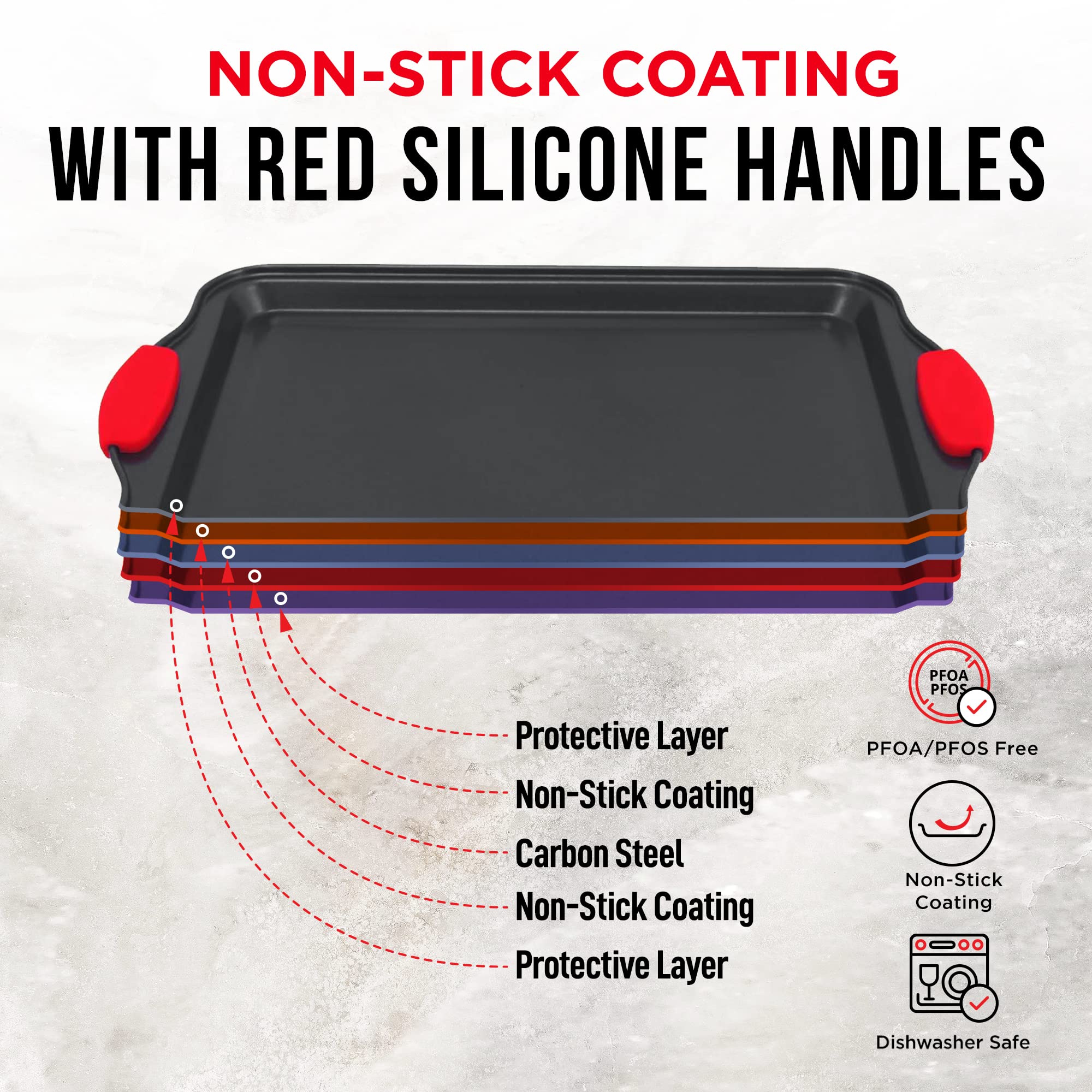 Baking Set – 10 Piece Kitchen Oven Bakeware Set – Deluxe Non-Stick Blue Coating Inside and Outside – Carbon Steel – Red Silicone Handles – PFOA PFOS and PTFE Free by Bakken,Black - Image 4