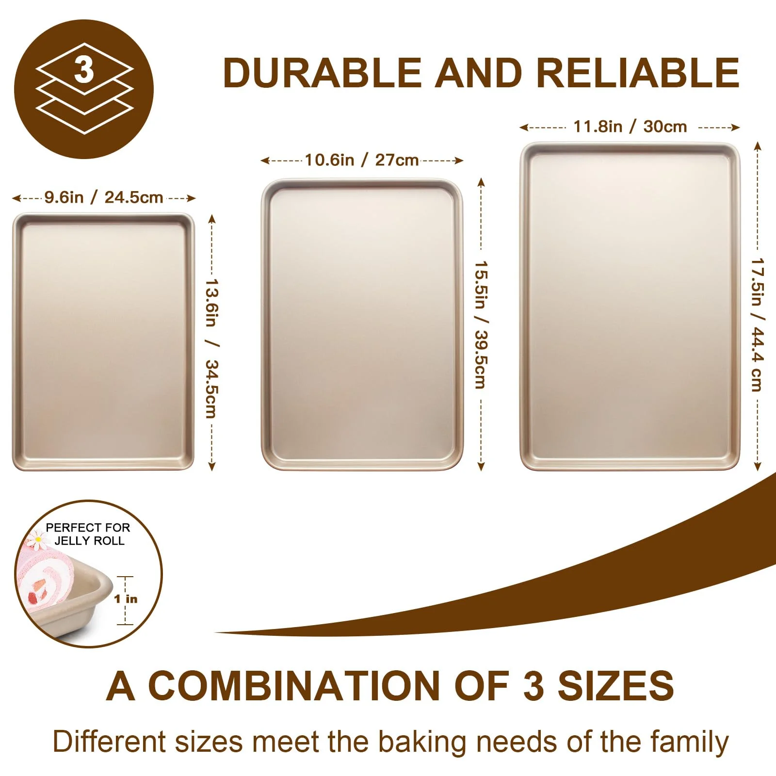 Baking Sheet Pan Set of 3, Commercial Cookie Sheets for Baking, Nonstick Half/Quarter/Jelly Roll Pans Replacement Toaster Oven Tray, Heavy Duty & Easy Clean, Champagne Gold - Image 6