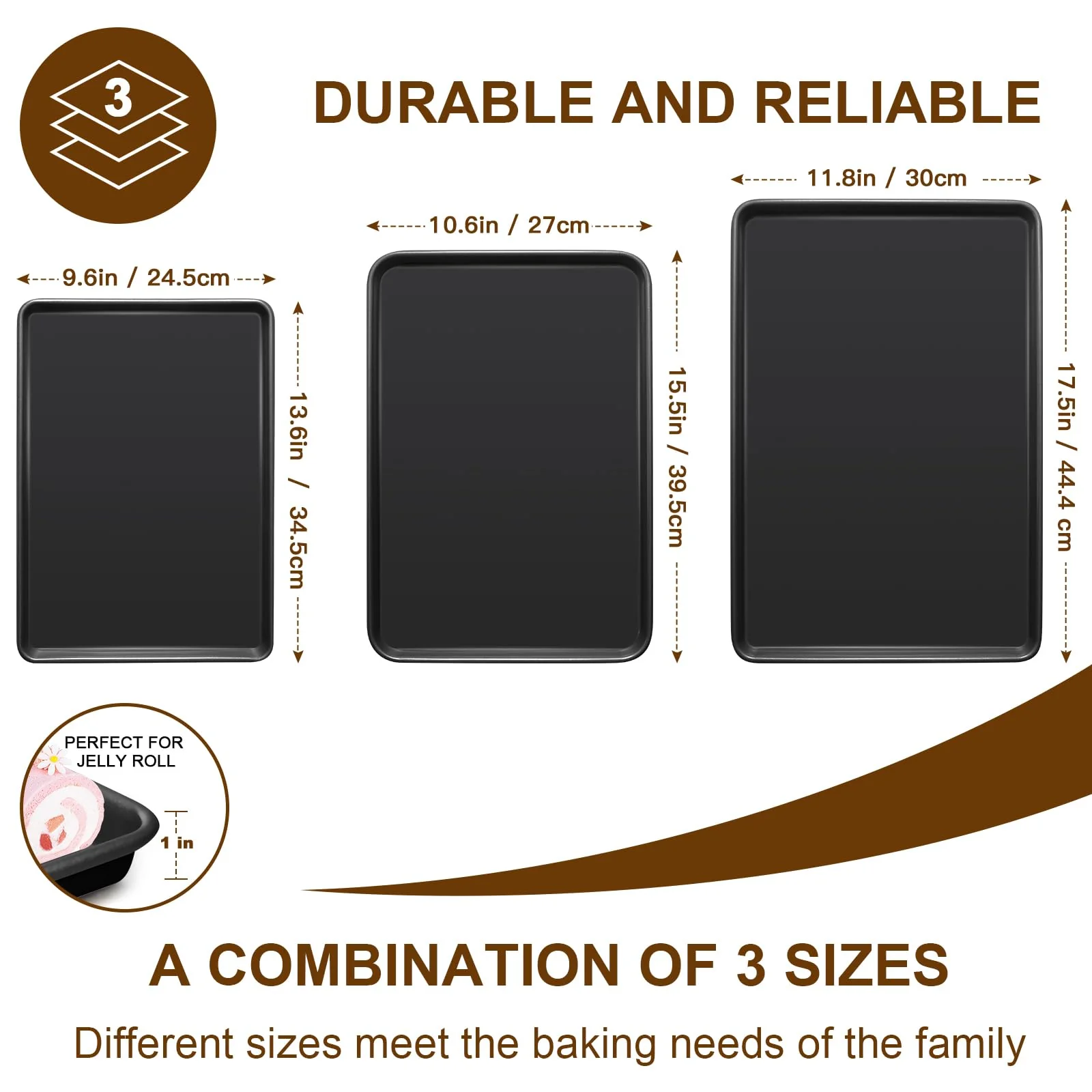 Baking Sheet Pan Set of 3, Commercial Cookie Sheets for Baking, Nonstick Half/Quarter/Jelly Roll Pans Replacement Toaster Oven Tray, Heavy Duty & Easy Clean, Dark Black - Image 6