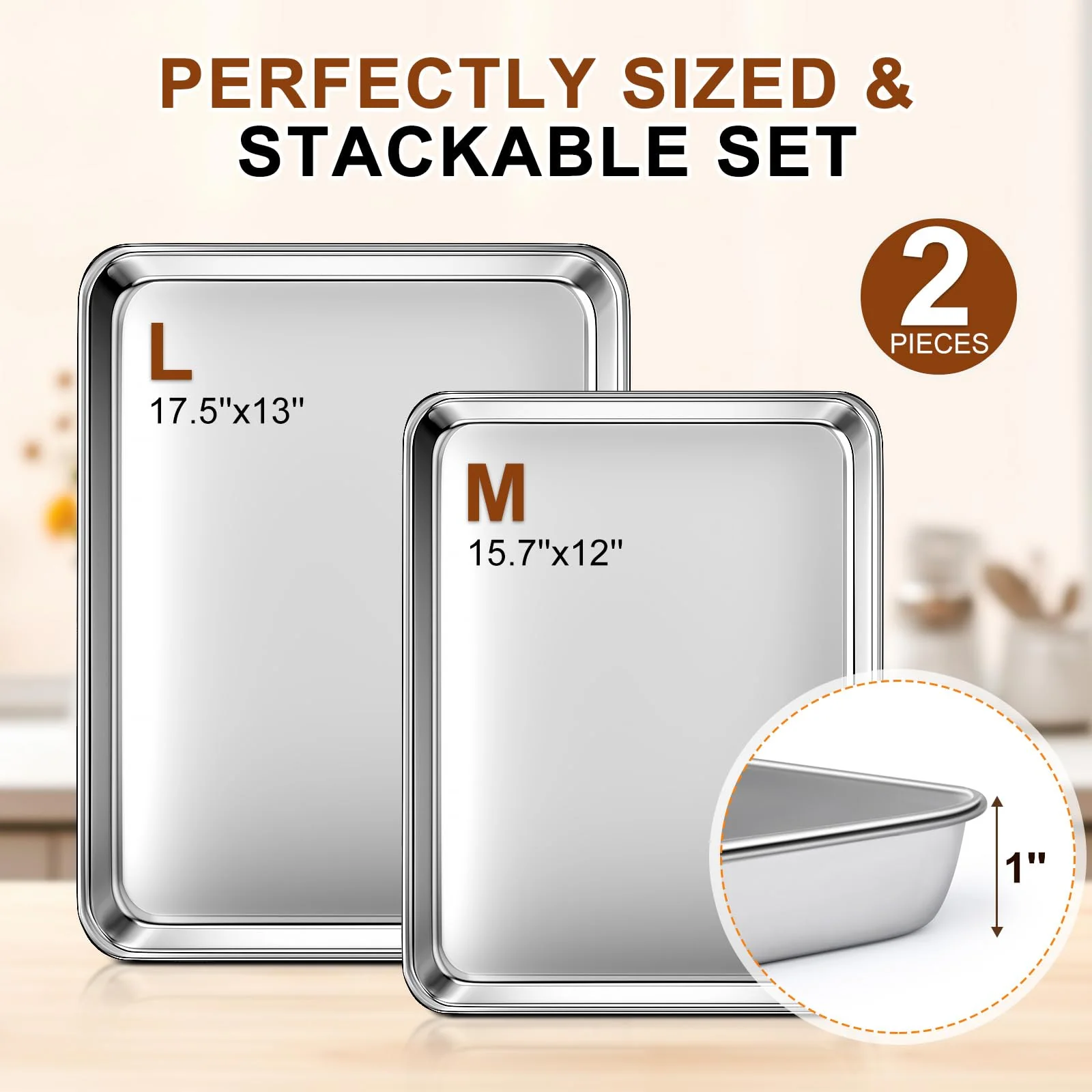 Baking Sheet Set of 2, Commercial Grade Stainless Steel Cookie Sheets for Baking, 17.5''x13'' / 15.7''x12'', Thicker and Firmer Baking Pans Set, Rust & Warp Resistant & Nonstick, Nontoxic & Heavy Duty - Image 8