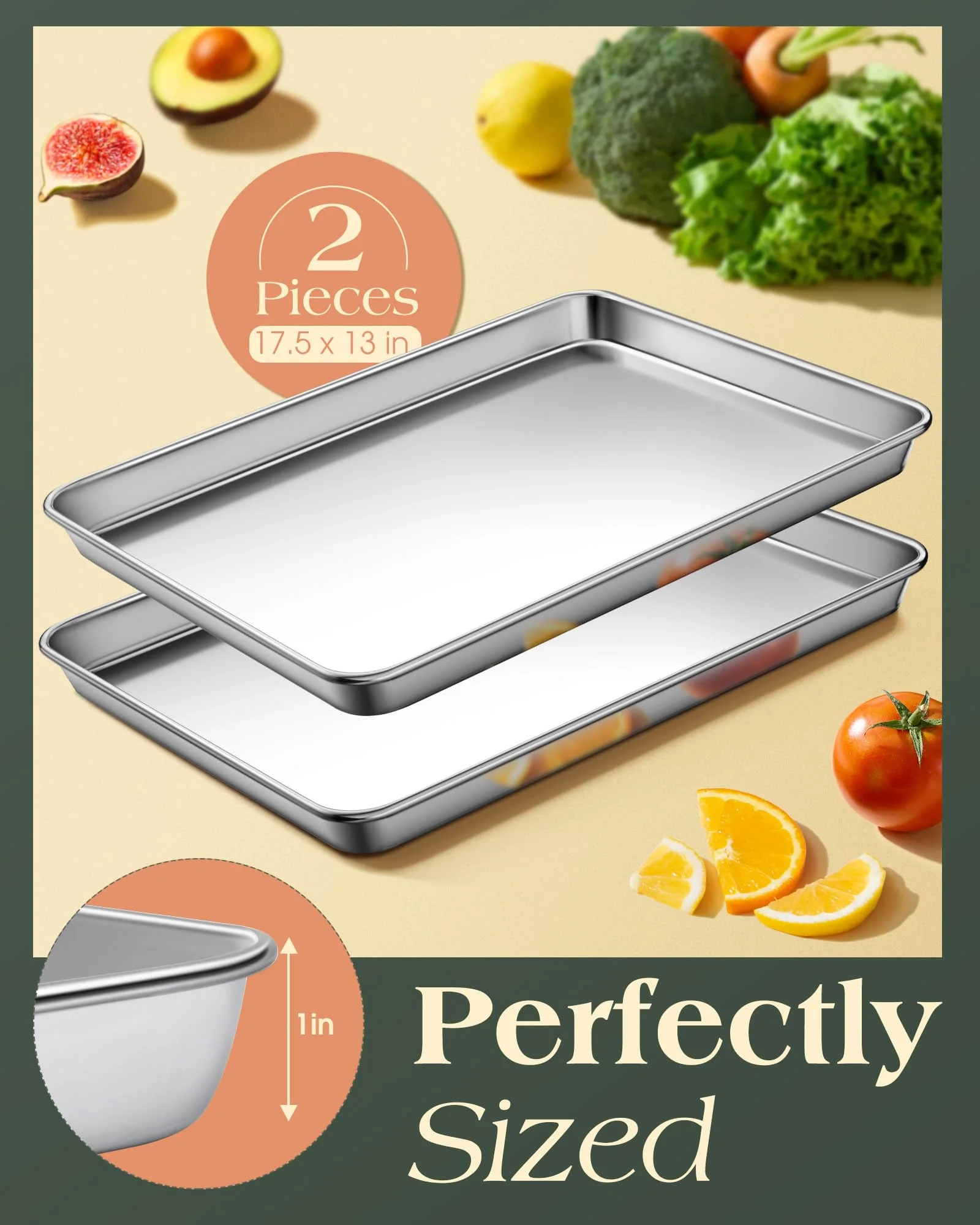 Baking Sheet Set of 2, Commercial Grade Stainless Steel Cookie Sheets for Baking, 18 x 13 Inch Thicker Large Baking Pans Oven Tray, Warp Resistant Nonstick Half Sheet Pan, Nontoxic & Heavy Duty - Image 8